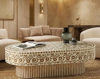 Mesa de centro ovalada de resina e incrustaciones de madera / Mesa auxiliar floral artesanal / Decoración de lujo para sala de estar