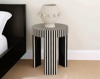 Handmade Bone Inlay End Table: Round Boho Side Table