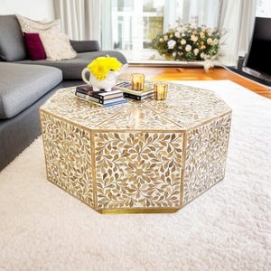 Handmade Wooden Leaf Inlay Resin Coffee Table: Octagonal Accent Table