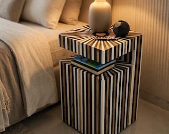 Handcrafted Luxury Resin Wood Inlay Nightstand | Striped Pattern End Table | Contemporary Home Decor