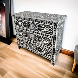 Bone Inlay Dresser | Handmade Resin Chest of Drawers | Vintage Indian Furniture | Boho Bedroom Storage | Handmade Bone Inlay Dresser