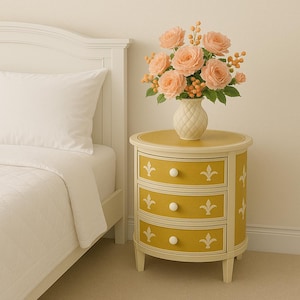 Puede incluir: Una mesita de noche amarilla y crema con tres cajones, cada uno adornado con un diseño de flor de lis blanca. Un jarrón de rosas color melocotón se encuentra encima de la mesita de noche.