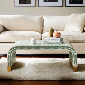 Handmade Moroccan Bone Inlay Coffee Table: U-Shape Resin Boho Decor