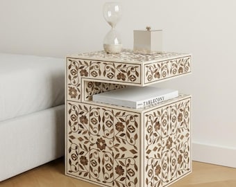 Mesita de noche artesanal de resina e incrustaciones de madera / Mesa auxiliar floral con estante / Decoración de lujo para el hogar