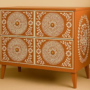Handmade Bone Inlay Dresser: Floral Mandala 4-Drawer Resin Chest