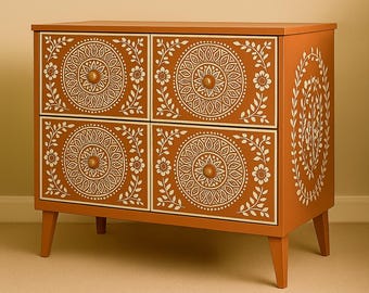 Handmade Bone Inlay Dresser: Floral Mandala 4-Drawer Resin Chest