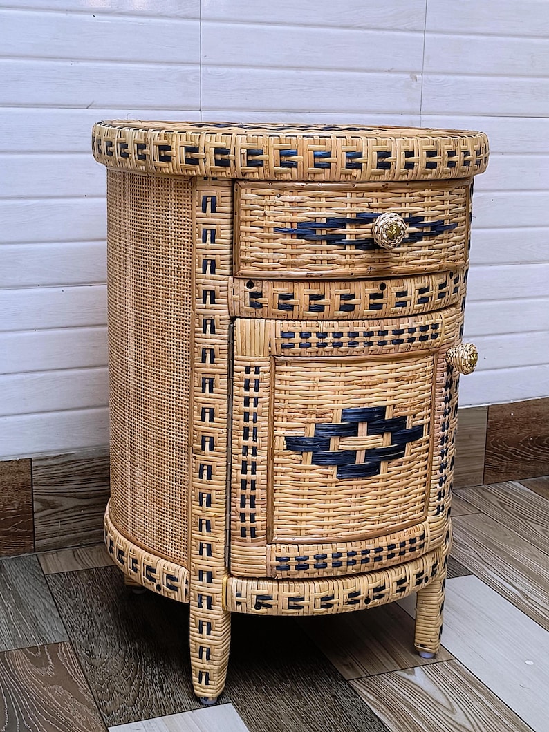 Handwoven Rattan End Table | Natural Cane Nightstand | Boho Wicker Bedside Table for Eco-Friendly Home Decor image 1