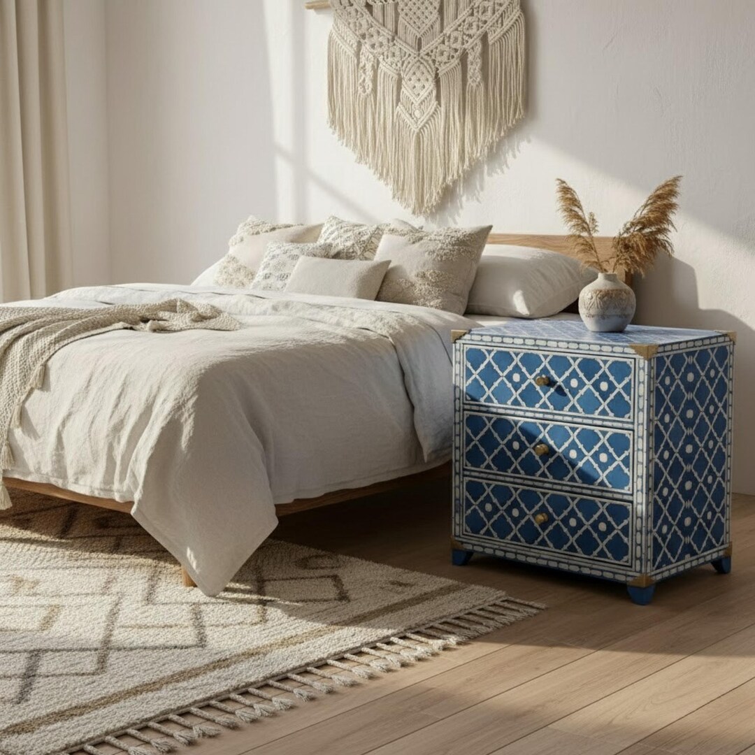 Handmade Blue Bone Inlay Nightstand: Moroccan Quatrefoil Bedside Table ...