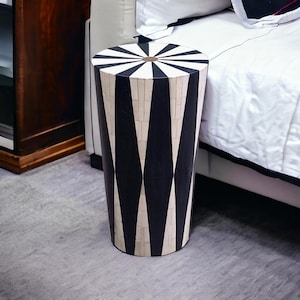 Handmade Bone Inlay Side Table: Black and White Geometric Accent