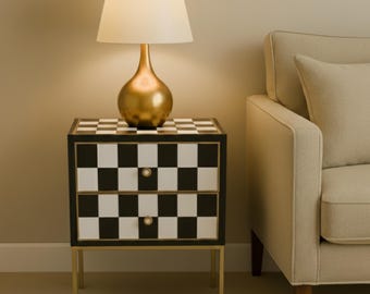 Handmade Resin Checkerboard Nightstand: Black & White Bedside Table with Gold Legs