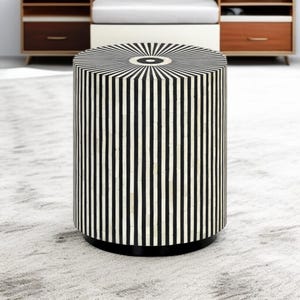 Handcrafted Bone Inlay End Table: Black and White Striped Drum