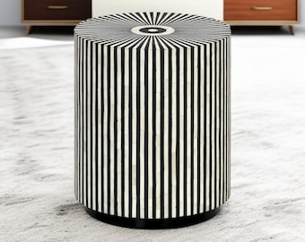 Handcrafted Bone Inlay End Table: Black and White Striped Drum