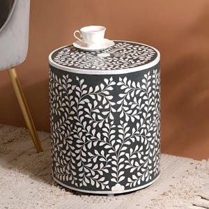 Handcrafted Bone Inlay End Table: Floral Resin Side Table