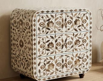 Floral Resin & Wood Inlay Nightstand | Handmade Bedside Table | Luxury End Table Home Decor