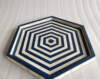 Hexagon Bone Inlay Tray with Resin Design - Handmade Geometric Decorative Accent Tray