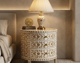 Comodino rotondo con intarsi in resina e legno e cassetti / Tavolino da comodino floreale artigianale / Decorazione di lusso
