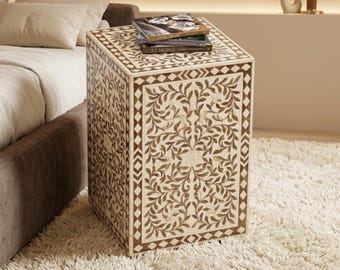 Floral Resin & Wood Inlay Nightstand | Handcrafted End Table | Luxury Bedside Table Home Decor