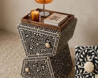 Z-Shaped Bone Inlay End Table | Floral Resin Nightstand, Statement Decor