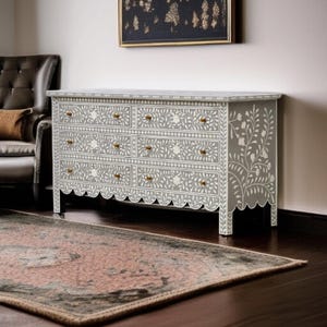 Handmade Bone Inlay Dresser: 6-Drawer Boho Bedroom Storage