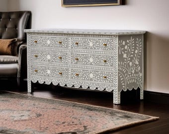 Handmade Bone Inlay Dresser: 6-Drawer Boho Bedroom Storage