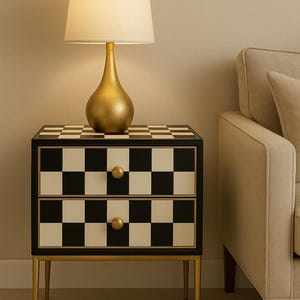 Black and White Checkered Nightstand with Gold Legs | Handmade Resin Bedside Table | Checker Pattern Nightstand with Storage Drawers