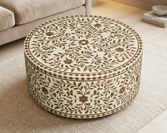 Mesa de centro redonda de resina e incrustaciones de madera / Mesa auxiliar floral artesanal / Decoración de lujo para sala de estar