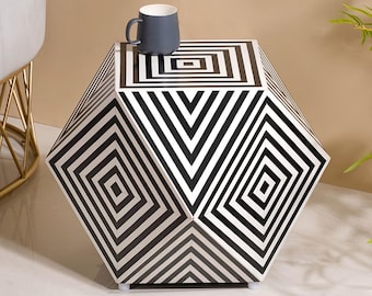 Handmade Hexagon Side Table: Black & White Resin Inlay Accent Table
