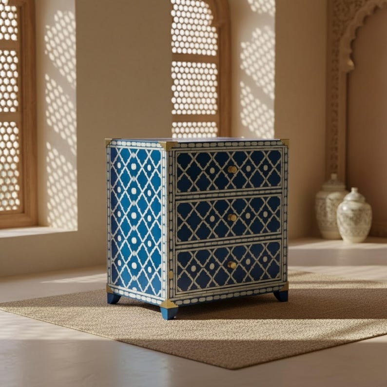 Handmade Blue Bone Inlay Nightstand: Moroccan Quatrefoil Bedside Table ...