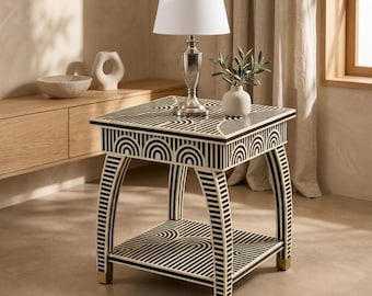 Bijzettafeltje met beeninleg | Handgemaakte hars bijzettafel | Geometrisch nachtkastje | Luxe accentmeubels | Bijzettafel met geometrisch beeninlegwerk