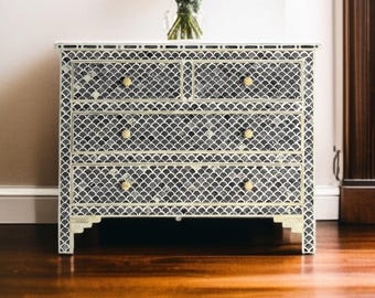 Handmade Bone Inlay Dresser: Black & White Resin Chest of Drawers