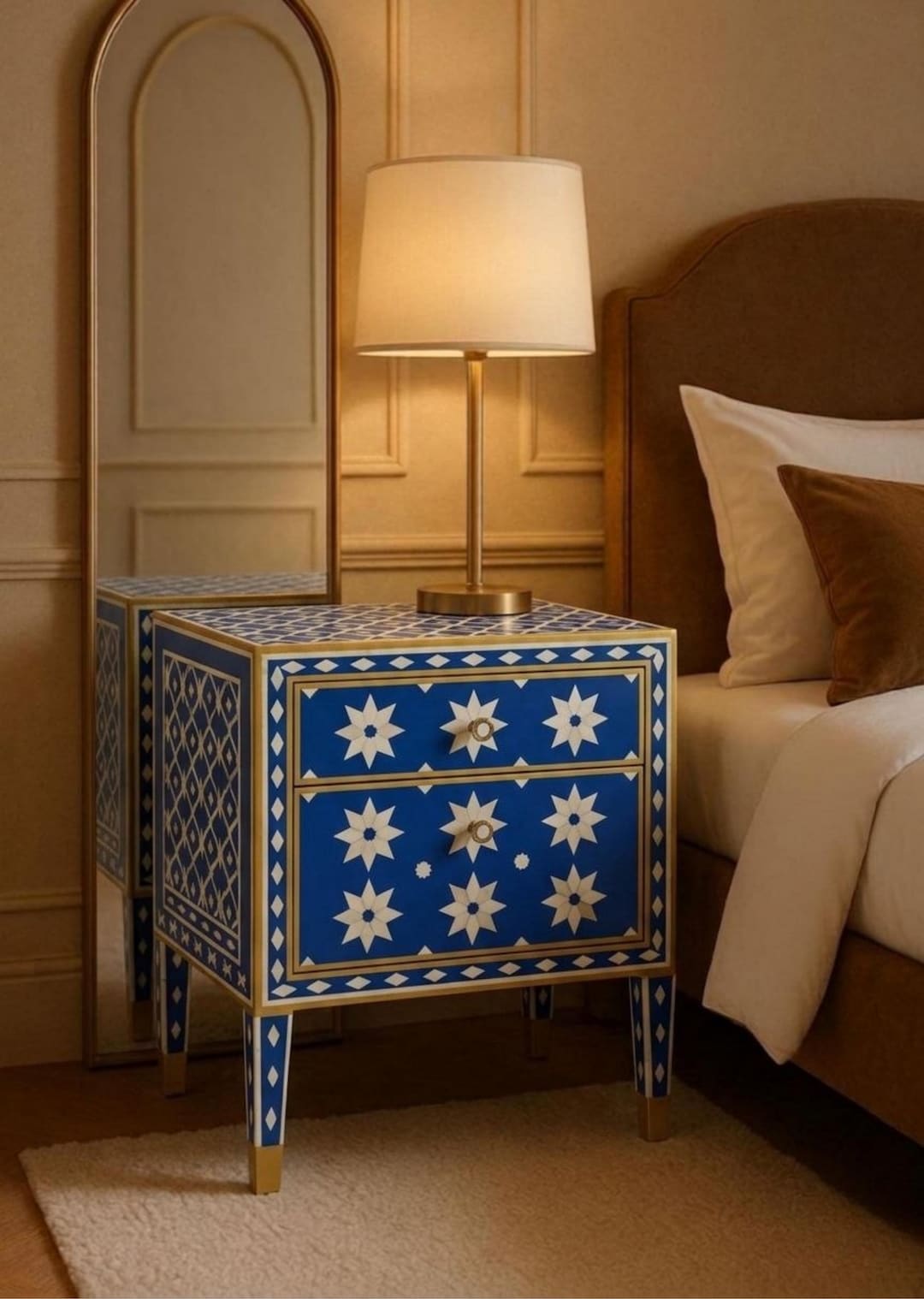 Handmade Bone Inlay Resin Nightstand: Blue Geometric Side Table - Etsy
