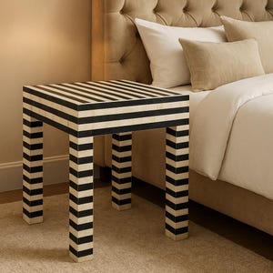 Handmade Bone Inlay End Table: Black and White Striped Resin Accent