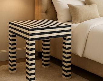 Handmade Bone Inlay End Table: Black and White Striped Resin Accent