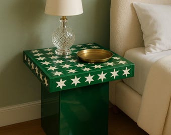 Green Star Bone Inlay Side Table: Handmade Boho Nightstand