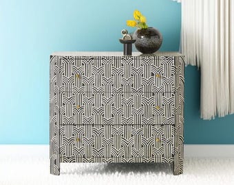 Handmade Bone Inlay Dresser: Modern Geometric 3-Drawer Chest