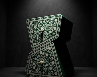 Green Bone Inlay Nightstand | Z Shape Resin Side Table | Floral Bedside Furniture