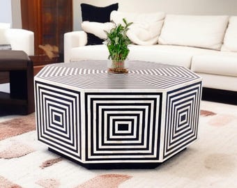 Handmade Bone Inlay Coffee Table: Geometric Resin Inlay, Octagonal Design
