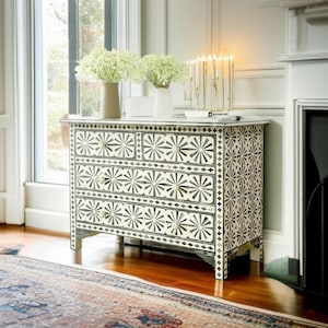 Bone Inlay Resin Dresser | Handmade Chest of Drawers | Luxury Boho Furniture | Handcrafted Bone Inlay Dresser | Floral Resin Inlay Cabinet