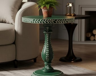 Green Bone Inlay Pedestal Table | Handmade Leaf Accent Table