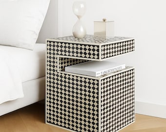 Mesa auxiliar con incrustaciones de hueso en blanco y negro: mesa auxiliar geométrica moderna