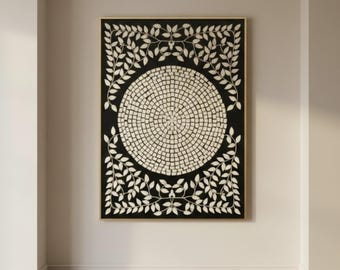 Bone Inlay Wall Art | Resin Leaf Mandala Panel | Handmade Black & White Wall Hanging