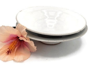 Shiny White Hand Thrown Ceramic Bowls, Two Stackable, Serving Bowls - &quot;Phil&#39;s White&quot; Dinnerware - White with Shades of Brown Specks