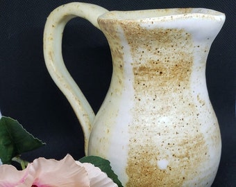 Handmade Ceramic Pitcher - Yellow, Brown, Cream - Thrown Pottery - Heavy - Holds 1 1/2 cups Milk, Gravy or Sauce - Rustic Look Pitcher