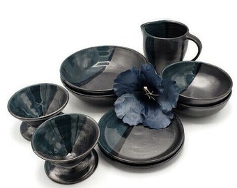 Unique Hand Thrown 4-Piece Place Setting for 2 - Shiny Blue & Black - Modern Design - Lunch or Dinner Set