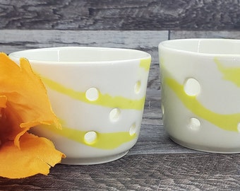 Two Hand Thrown Ceramic Luminaries - Tea Lights or Votive Candle Holders - Carved Pottery Lanterns