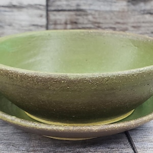 Dipping Bowl with Matching Dish, Soy Sauce, Butter, or Condiment Bowl/Trinket Dish, Ring Dish - Olive Green
