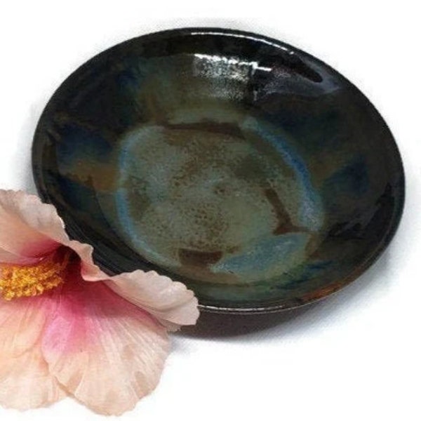 Hand Thrown Ceramic Bowl - Soup, Salad Bowl - Uniquely Glazed Bowl - Four Glazes - Blue Rutile, Black, Green, Denim - Small Serving Bowl