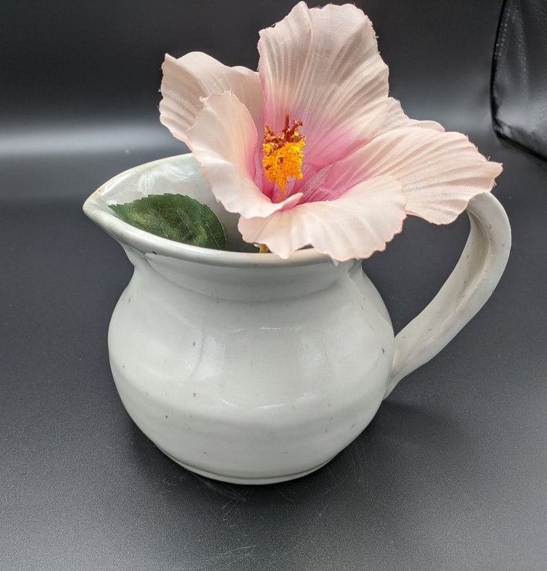 Handmade Ceramic Pitcher - Dinner White Glaze Outside, Blue Rutile Inside - Thrown Pottery - Heavy 16 Ounce Milk, Gravy or Sauce Pitcher