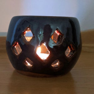 Angel Eye Hand Thrown Ceramic Luminary - Tea Light or Votive Candle Holder - Carved Pottery Lantern - Handmade Hostess or Housewarming  Gift