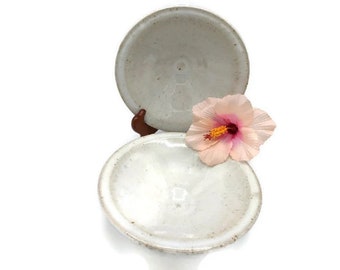 Hand Thrown Ceramic Bowls, Two Stackable, Serving Bowls - "Phil's White" Dinnerware - White with Shades of Brown Specks